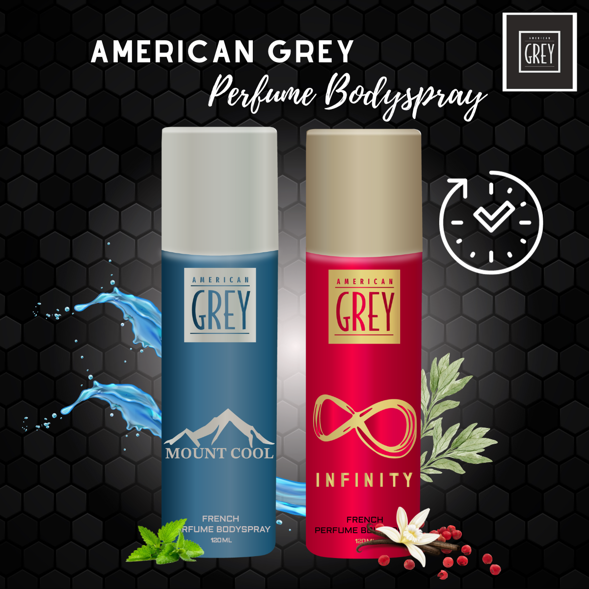 american grey perfume spray series, american grey perfume spray, mount cool, infinity, perfume deo spray for men, deo spray for men, perfume spray for men, american grey perfume spray